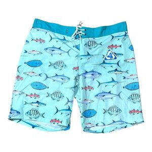 Mens XXL Aqua Fish Print Swim Trunks Drawstring & Back Pocket Tuna Flounder NEW